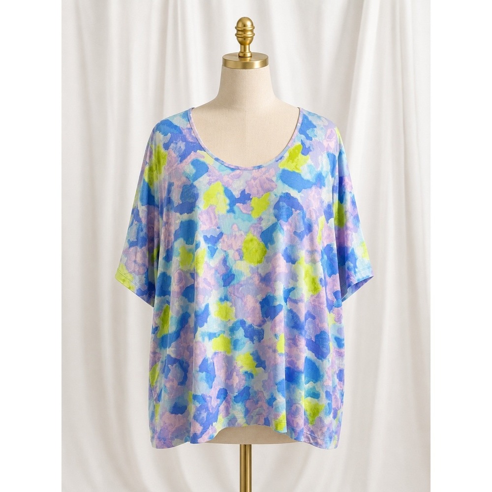 Susan Graver Weekend Printed Cool Touch Elbow‎ Sleeve Top 3X Blue Lilac Scoop